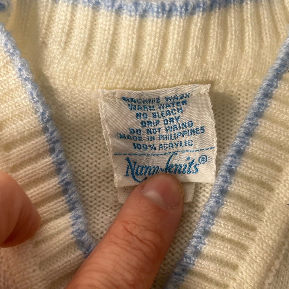VNTG Nann-Knits Off White&Blue Dogs 9-12months Cardigan Sweater Acrylic Unisex - Picture 10 of 11